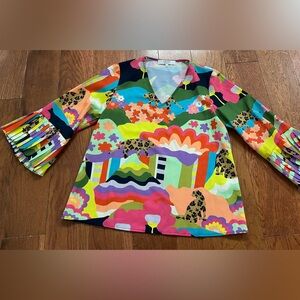 Crosby by Mollie Burch 3/4 Sleeve V Neck Sri Lanka Print Blouse